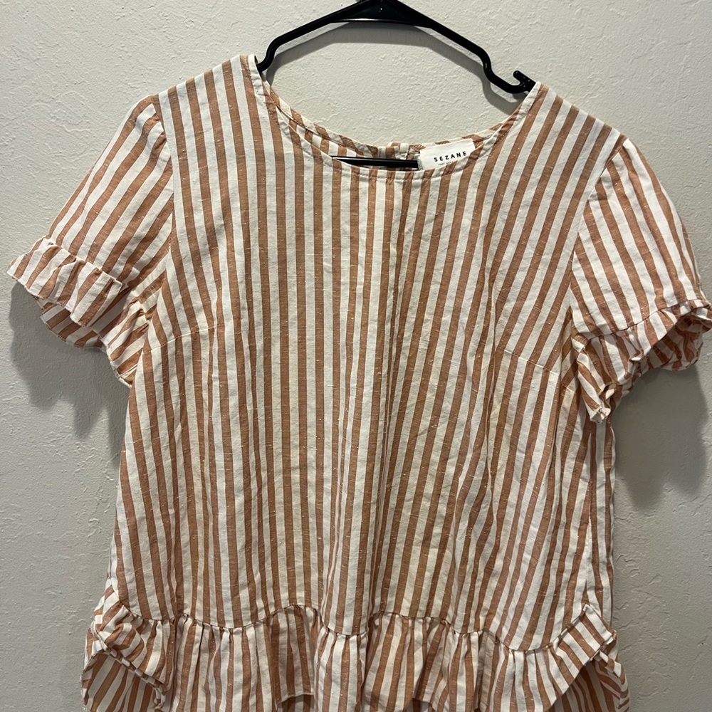 Tularosa Tan and White Striped Ruffle Top